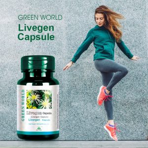 Green world health livergen for liver issue with a lady depicting healthy body system